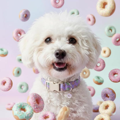 Girl Dog Collar with Unique Purple and Donut Print, Cute Dog Collar for Spring & Summer, Adjustable Pet Collar for Small Dogs