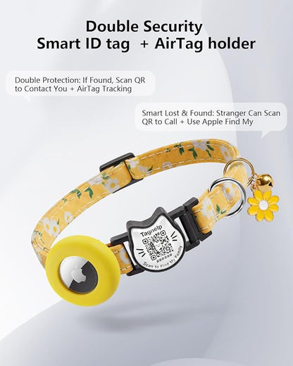 Breakaway Cat Collar with QR Code ID & AirTag Holder, Adjustable Cotton Kitten Collar with Bell, Cute Floral Safety Collar for Indoor & Outdoor Cats Pastoral Style with airtag Holder(Yellow)