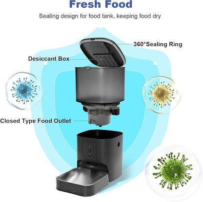2.4G Automatic Cat Feeder, Cat Food Dispenser with 10s Voice Recorder, Pet Feeder up to 8 Meals per Day, Timed Feeder with Dry Food Sealed Ring (Black, 4L-WiFi)