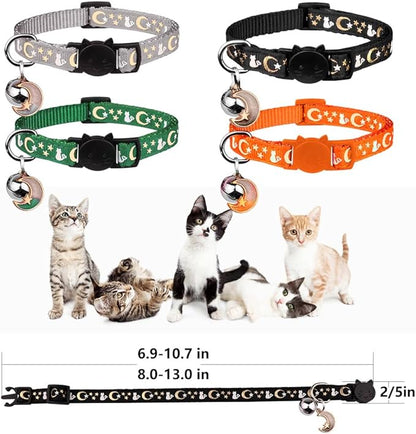 4PCS Cat Collar with Bells,Breakaway Cat Collars,Moons Stars Cute Kitty Adjustable Safe Kitten Collars Pendant Glow in The Dark,Cat Collars for Boy Cats 8.0-13.0 Inch(Black&Grey&Deep Green&Orange)