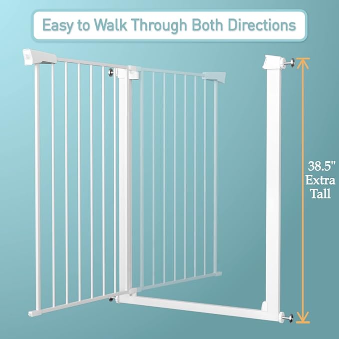 Fairy Baby 38" Extra Tall Baby Gate for Stairs, Fits 29.5" to 32.2" Wide Openings, Metal Auto Close Dog Gate Indoor for The House Doorways, Pressure Mounted Pet Cat Gate for Toddler Kids, White