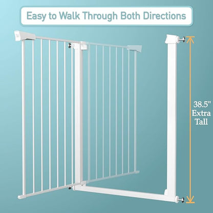 Fairy Baby 38" Extra Tall Pet Gate for Stairs,70.9"-76.3" Extra Wide Long Dog Gate for The House, Metal Auto Close Pressure Mounted Safety Child Gate, Tension Baby Gate Fence Barrier No Climb, White