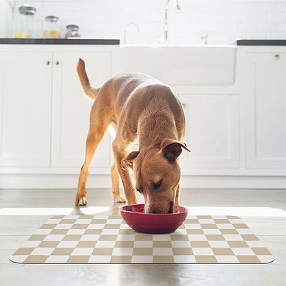 Checkered Dog Food Mat, Absorbent Leak-Proof Pet Feeding Mat, Quick Dry Cat Food Mat for Messy Drinkers 16" x 24" Khaki