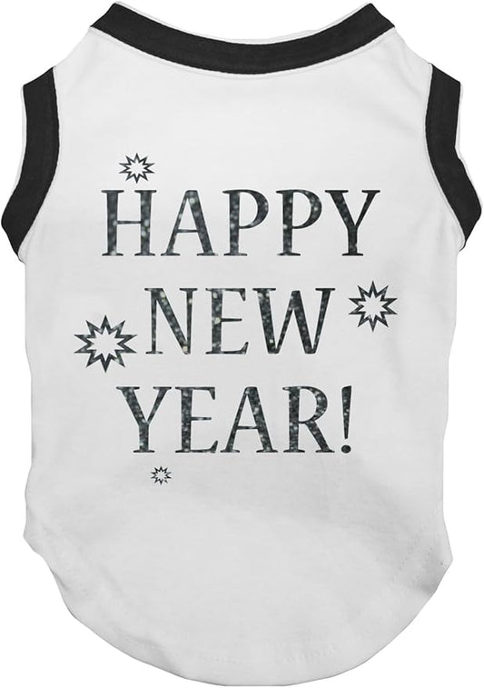 Petitebella Bling Happy New Year Puppy Dog Shirt (White/Black, X-Large)