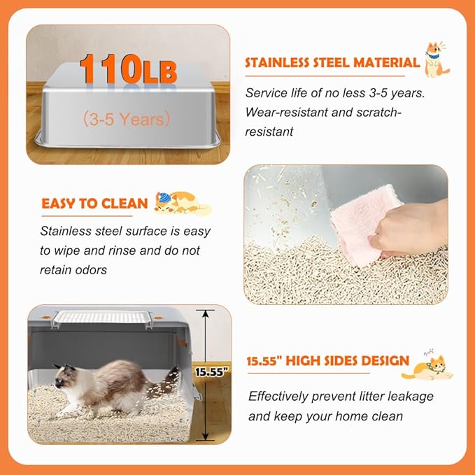 Vivifying Stainless Steel Litter Box with Lid, XL Side Entry Extra Large Litter Box for Big Cats & Kitty, Removable Enclosed Metal Cat Pan with High Sided Enclosure, Scoop, Mat, Footboard (Gray)