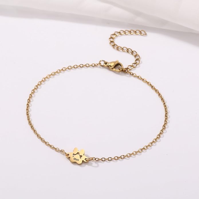 MeMeDIY Personalized Paw Print Bracelet for Women Engraved 1-5 Names Dog Cat Pet Paw Bracelet Adjustable Chain Dog Jewelry Memorial Gifts for Pet Lovers