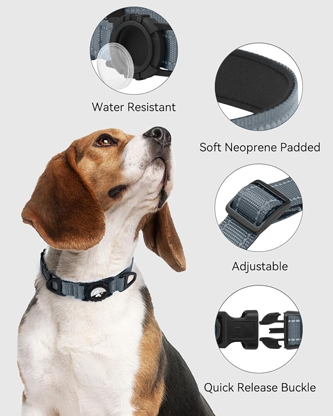 Joytale Airtag Dog Collar, Reflective Pet Collar with Waterproof AirTag Holder, Dual D-Rings, Soft Padded Adjustable for Extra Large Dogs, Gray, XL