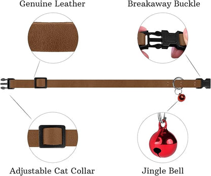 Muromto Breakaway Cat Collar Leather Soft Adjustable Pet Kitten Collars with Bell Pink Brown Blue Green Red (Cognac)