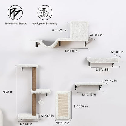 5-in-1 Cat Wall Shelves, Multi-Level Cat Climbing Furniture, Perch & Lounge for Indoor Cats, Space-Saving Wall Mounted Shelves for Play & Rest (Natural Wood) - White
