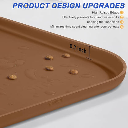Silicone Pet Feeding Mat with Raised Edge for Food and Water, Dog Bowl Mats, Cat Bowls Placemat with High Lip for Floor Waterproof, Rubber Tray for Cats and Dogs 19 x 12 x0.7 Brown