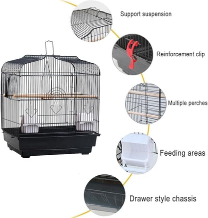 20.5"x18.1"x14.2" Portable Bird Travel Cage with Handle, Metal Carrier with Food Container, Wooden Perch & Pull-Out Tray for Small Parrots, Canaries, Cockatiels, Lovebirds, Conures