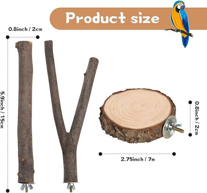 9 PCS Natural Wood Bird Perch, Wooden Parrot Perch Stand Bird Cage Branches Platform Accessories for Parakeets Cockatiels Conures Macaws Finches Love Birds