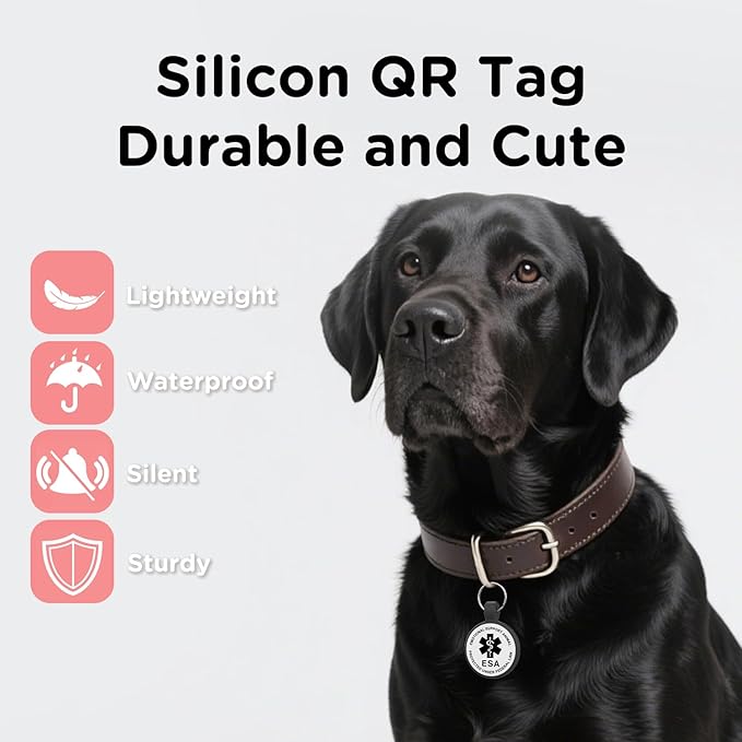 ESA Dog Tag, QR Code Dog Tag, Modifiable Free Pet Online Profile, Scannable QR Code, Scan QR Send Instant Location Alert Email, Silicone Lightweight ID Tag for Dog and Cat (Black, Regular)