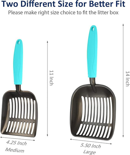 WePet Cat Litter Scoop, Non-Stick Plated Aluminum Alloy Sifter, Kitty Durable Metal Scooper, Deep Shovel, Long Handle, Kitten Pooper Lifter, Size Medium, Coated Black Body with Turkish Blue Handle