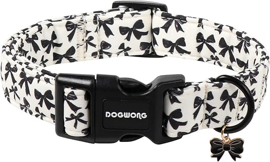 DOGWONG Cute Dog Collar, Black Bow Pattern Dog Collar, Girl Female Dog Collars with Strong Plastic Buckle for Medium Large Dogs,L