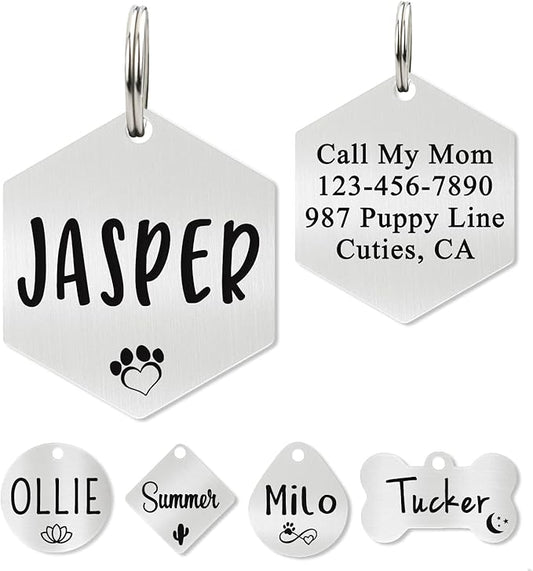 Ultra Joys Custom Personalized Hexagon Dog ID Tag - Brushed Stainless Steel Silver Large