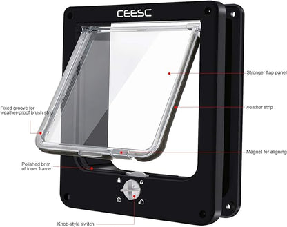 CEESC Large Cat Door for Interior/Exterior Door, Weatherproof, Black, Rotary 4 Way Locking Pet Door for Cats & Dogs with Circumference < 23.62", Upgraded Version