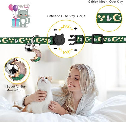 2PCS Breakaway Cat Collars with Bell Cute Kitty Glow in The Dark Adjustable Kitten Collars 7.9-13.0 Inch(Deep Green&Black)