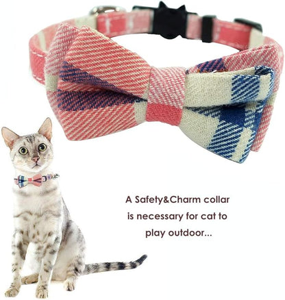 Cat Collar Breakaway with Bell and Bow Tie, Plaid Design Adjustable Safety Kitty Kitten Collars Set of 2 PCS (6.8-10.8in) (Pink&Blue Plaid)