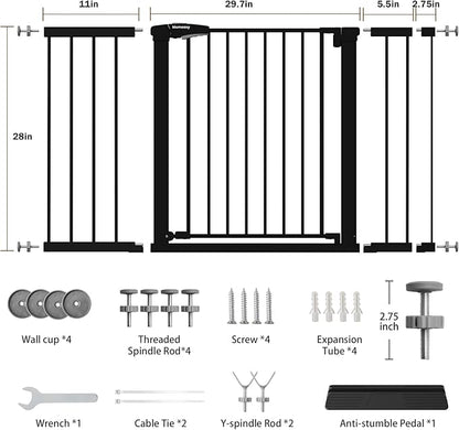 Mumeasy 29.7–51 Inch Extra Wide Baby Gate for Stairs, Extra Long Indoor Dog Gate for Doorways, Pressure Mounted Walk Thru Child Gate with Auto-Close, No-Drill Safety Pet Gate with Door for House,Black