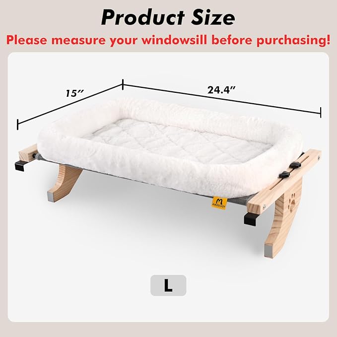 AMOSIJOY Cat Sill Window Perch Sturdy Hammock Seat with Cushion Bed Cover, Wood & Metal Frame for Large Cats, Easy to Adjust Windowsill, Bedside, Drawer and Cabinet (L)