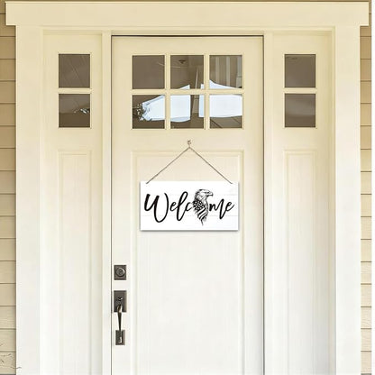 Welcome Sign for Front Door, Welcome Decor Wooden Hanging Sign, Patriotic Theme American Bald Eagle Pattern Wall Hanging Decor, Funny Wooden Outdoor Front Door Decoration 13.8X6.9 inches