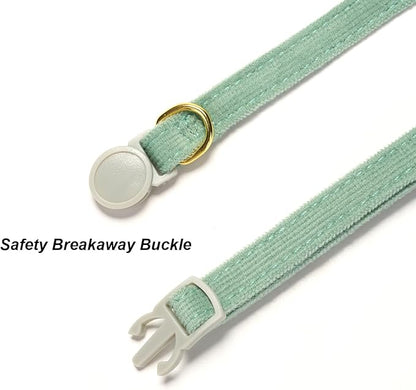Cotton Breakaway Kitten Collar with Bow Tie and Bell Adjustable Cute Soft Corduroy Cat Collars for Small Cats(Grass Green,XS)
