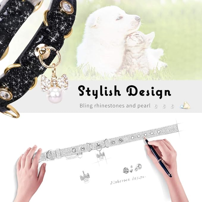 PetsHome Cat Collar, Dog Collar, [Bling Rhinestones] PU Leather Adjustable Pet Collar with Luxury Pendant for Big Cat and Small to Medium Dog Small Black