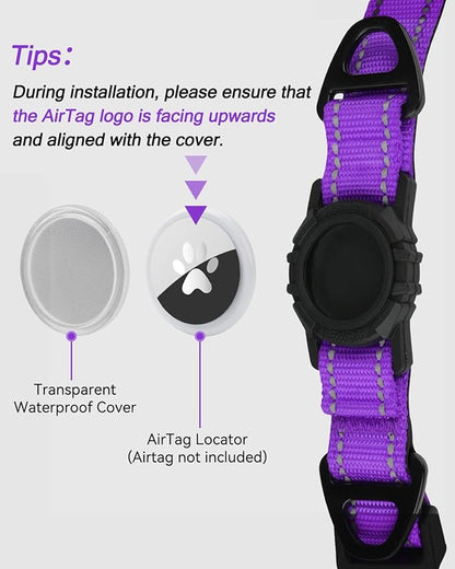 Joytale Airtag Dog Collar, Reflective Pet Collar with Waterproof AirTag Holder, Dual D-Rings, Soft Padded Adjustable for Medium Dogs, Purple, M