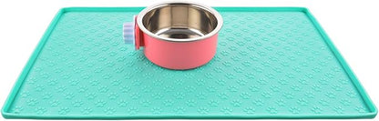 Silicone Cat & Dog Bowl Mat, Non-Slip Pet Feeding Mat - Waterproof Dog & Cat Placemat (18.5"x11.8", Mint Green Paw Pattern)