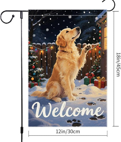 Golden Retriever Welcome Garden Flag 12x18 Inch Double Sided Christmas Winter Burlap Outdoor Yard Decoration Holiday Dog Banner for Porch Patio Lawn