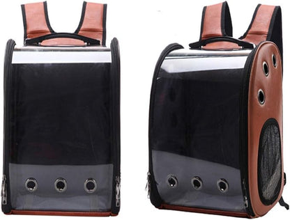 Bird Carrier Clear Parrot Outing Backpack APET Transparent Acrylic Bird Travel Carrier Parrot Travel Cage Panoramic Pet Backpack for Puppy Kitten 33x38x17cm (Brown)