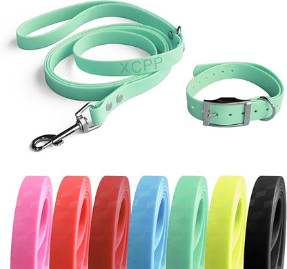 4.2FT Dog Collar and Leash Set, PVC Waterproof Adjustable Odor Proof Pet Collars Leashes, Easy to Clean, Surface 3D Cube Effect, Dog Leash for Small Dogs, Light Green