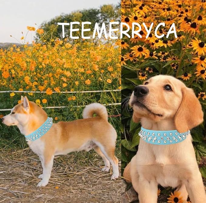 TEEMERRYCA Adjustable Microfiber Leather Spiked Studded Dog Collars with a Squeak Ball Gift for Small Medium Large Pets Like Cats/Pit Bull/Bulldog/Pugs/Husky, Blue, L(15"-18.5")