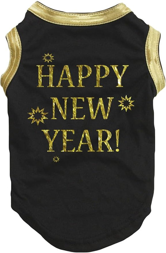 Petitebella Bling Happy New Year Puppy Dog Shirt (Black/Bright Gold, X-Small)