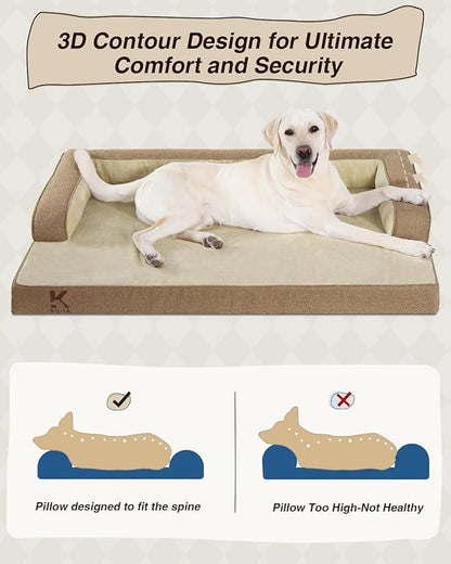 KSIIA Washable Dog Bed XL Senior Dog, Orthopedic Warm Soft Pet Sofa Waterproof Pet Couch with Sides, Non-Slip and Egg-Crate Foam Extra Large Beds with Removable Cover, 41x27Inch, Brown