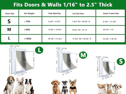 Dog Door Doggy Door Easy Install - Wood & PVC Doors & Walls，Dgooie Free Movement & Flexible Control - 2 Magnetic Flaps & Sliding Lock,Telescoping Frame,8 1/8" x 13 2/5" for Medium Dogs Up to 40 lb