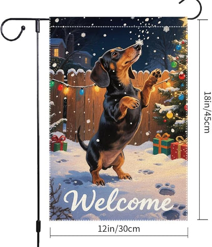 Dachshund Welcome Garden Flag 12x18 Inch Double Sided Christmas Burlap Yard Banner Winter Holiday Outdoor Decor for Dog Lovers Home Seasonal Decoration