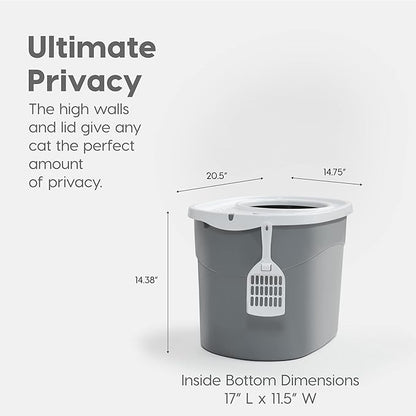 IRIS USA Top Entry Cat Litter Box, Large Enclosed with Litter Catching Lid and Scoop, Dog Proof, Cat Litter Box, Gray/White