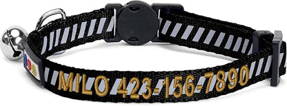 Pawtitas Personalized Black Reflective Cat Collar – Adjustable Custom Collar with Safety Buckle, Removable Bell, and Engraved Name & Phone Number for Kittens and Adult Cats