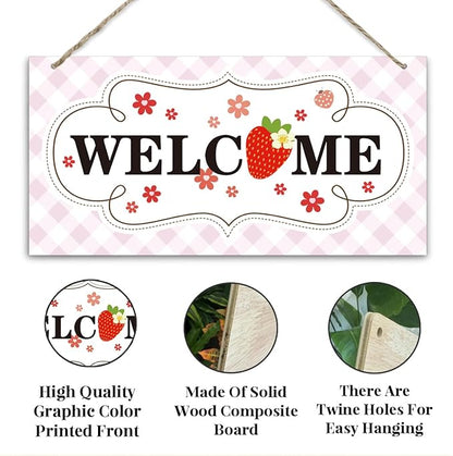 Welcome Sign for Front Door, Welcome Decor Wooden Hanging Sign for Girl Room Decor, Strawberry Pattern Wooden Hanging Signs, Cute Girl Style Front Door Decoration 13.8X6.9 inches