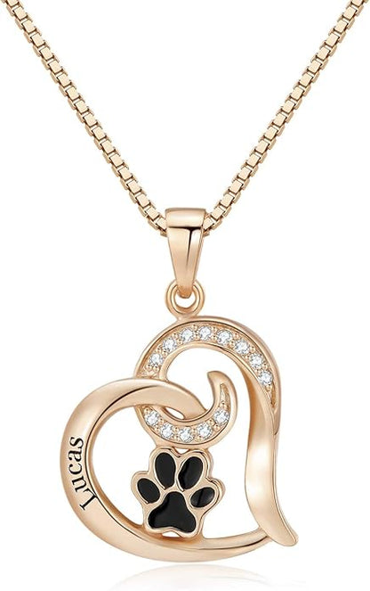 Personalized Cute Dog Cat Paw Name Necklace Forever Love Custom Heart Pendant Pet Name Necklace Gift for Pet Lovers