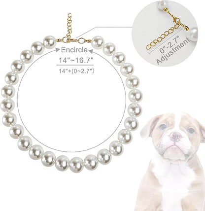 Chunky Pearl Dog Collar Large Breed (0.55 Inch), Adjustable Dog Necklace, Beaded Dog Collar Imitation White Pearls, Elegant Dog Jewelry Suit for Medium Large Dog 14"-16.7" Inner Circumference