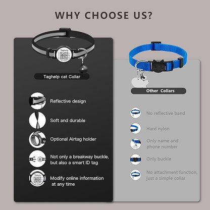 2 Pack QR Code Cat Collar for Lost Cat Recovery, Breakaway Reflective Collar with Bell & Instant Online ID, Adjustable 7.5-12.5 Inch for Peace of Mind (Black & Rose Red)