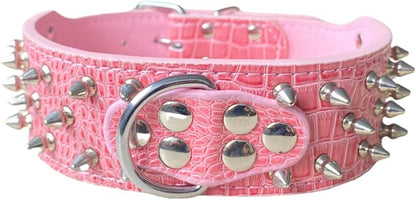 Serijoars Spiked Studded Dog Collar, PU Leather Dog Collar, Adjustable Pet Collars for Medium or Large Breed Pet (L, Pink1)