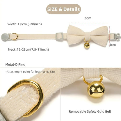 Soft Corduroy Cat Collar, Plaid Pattern, with Bell and Bowtie, Quick Release,Safety Breakaway Clasp, Adjustable for Kitten and Cats.(White+Blue)