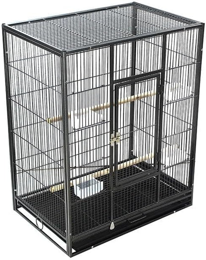 53'' Wrought Iron Birdcage with Detachable Rolling Stand & Feeder, Large Bird Cage with Secure Lock & Slide-Out Tray, Indoor Outdoor Bird Cage on Wheels,Parrot Cages for Parakeets, Pigeons, Black