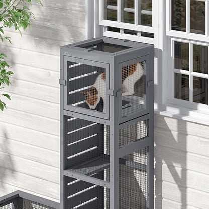 COZIWOW Wooden Cat Play Tunnel with Platforms | Configurable Window Catio | Multi-Combination Extendable Cat Run for Indoor/Outdoor Use | Small Pet Play Enclosure