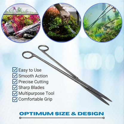 Aquarium Scissors Stainless Steel 12" Extra Long Water Grass Scissors for Aquatic Plants Pruning, Fish Tanks, Terrariums Used in Salt Water Fresh Water Landscape Maintenance Tools (Straight - Silver)