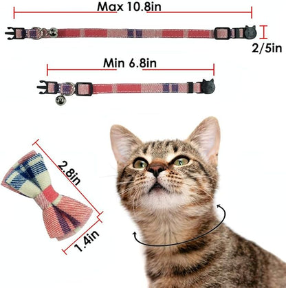Cat Collar Breakaway with Bell and Bow Tie, Plaid Design Adjustable Safety Kitty Kitten Collars Set of 2 PCS (6.8-10.8in) (Pink&Blue Plaid)